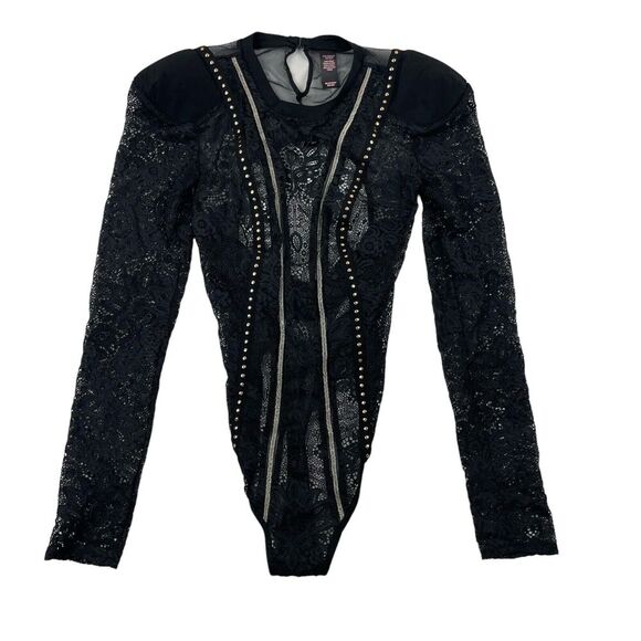 Victorias Secret Black Lace Sheer Thong Bodysuit Shoulder Pads XS Beaded Accents - Picture 1 of 5